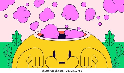 Round yellow character with its head open, releasing pink cloud puffs into the air in cartoon style vector illustration for background
