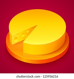 Round yellow cheese on wooden plate