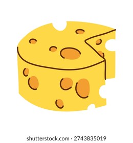 Round Yellow Cheese Wheel with slice missing and big holes, cartoon illustration