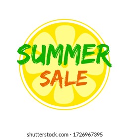 Round yellow citrus lemon icon with green and orange rough brush lettering inscription "SUMMER SALE". Vector graphics, illustration