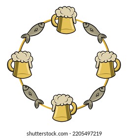 Round yellow decorative frame, copy space, glass mug with foam drink, beer and salted fish, vector illustration in cartoon style on a white background