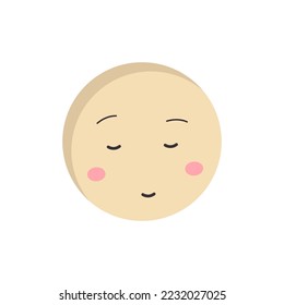 A round yellow emoji with closed eyes and pink cheeks is smiling. Minimalism vector illustration isolated on white background.