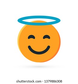 Round yellow emoji. Simple vector illustration of a smiling face with halo for chats in flat style