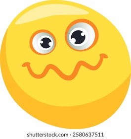 Round yellow emoticon with big eyes, goofy expression and wavy mouth, isolated on white background representing awkwardness, confusion, or shyness