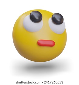 Round yellow face. Emoticon looking up. Cute emoji in cartoon style. Thinking and sad emoji. Vector illustration in 3d style with shadow and white background
