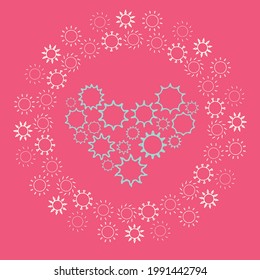 Marco amarillo redondo hecho de soles con un corazón azul verdoso en forma de adorno en su interior, sobre un fondo rosa brillante. Se puede usar para imprimir camisetas, tarjetas, carteles, pancartas. Vector