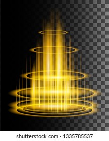 Round yellow glow rays night scene with sparks on transparent background. Empty light effect podium. Magic fantasy portal. Futuristic teleport. Vector effect illustration.