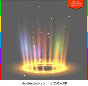 Round yellow glow rays night scene with sparks on transparent background. Empty light effect podium. Disco club dance floor. Show party lamp. Beam stage. Magic fantasy portal. Futuristic teleport.