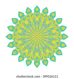 Round yellow and green mandala. Arabic, Indian, Islamic, Ottoman ornament. Floral pattern, motif isolated on white background. Vector illustration.