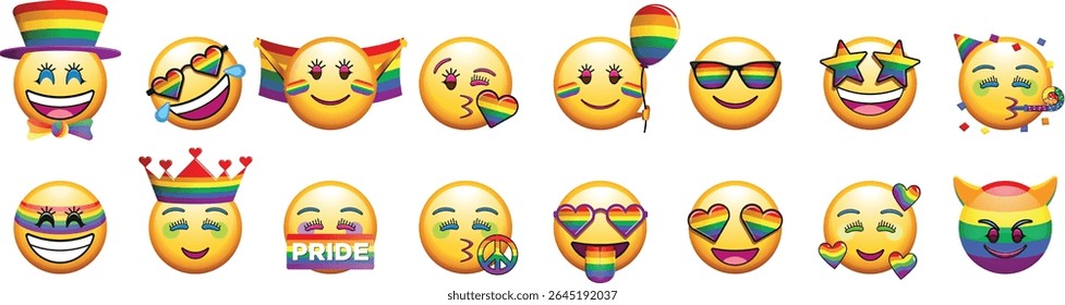 round yellow LGBT-themed emojis with different facial expressions happy, naughty, in love, partying, laughing, and evil