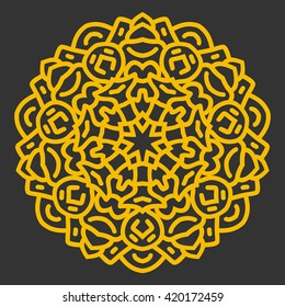Round yellow mandala on a dark background.