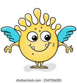 Round yellow monster with blue wings. Cute alien. Cartoon microbe. Isolated vector character.