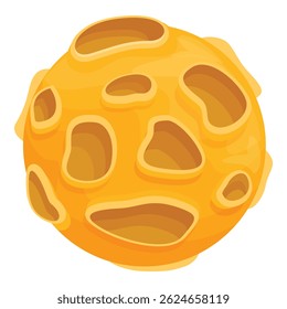 Round, yellow planet is floating in space, its surface covered in craters