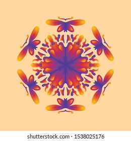 Round yellow, purple gradient mandala on orange bacground.Idea for your interior design, invitation card, holiday elements. yellow, purple color.