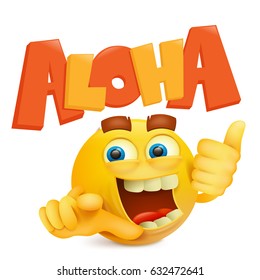 Round yellow smiley face with aloha title. Vector illustration