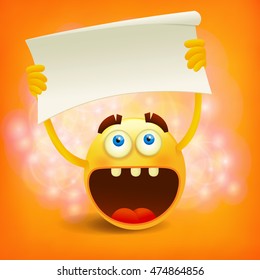 Round yellow smiley face with paper banner in its hands. Vector illustration