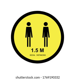 Round yellow sticker with silhouettes of people and social distance. Use it for shops and public places to indicate the border of protection from COVID-19