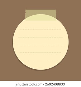 Round yellow sticky note template. Taped office memo paper vector illustration.