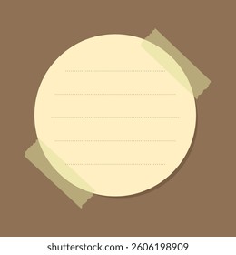 Round yellow sticky note template. Taped office memo paper vector illustration.