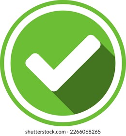 Signo de icono aceptado redondo Sí o Derecho o Aprobado con marca de marca de verificación y efecto de sombra 3D en círculo verde. Imagen vectorial.