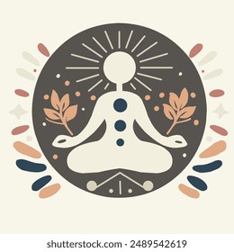 Round yoga illustration with plants and graphic elements. Concept of concentration, tranquility and harmony. Yogi in lotus pose icon. Colourful