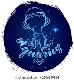 Round zodiac sign Aquarius.Vector illustration with hand drawn image and  lettering, part of collection