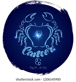 Round zodiac sign Cancer.Vector illustration with hand drawn image and  lettering, part of collection