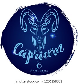 Round zodiac sign Capricorn.Vector illustration with hand drawn image and  lettering, part of collection