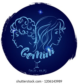 Round zodiac sign Gemini.Vector illustration with hand drawn image and  lettering, part of collection