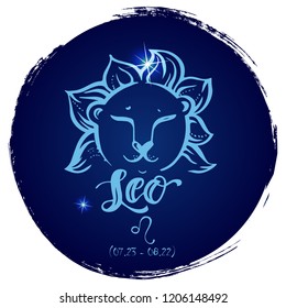 Round zodiac sign Leo.Vector illustration with hand drawn image and  lettering, part of collection