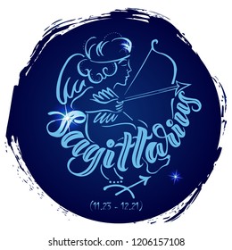 Round zodiac sign Sagittarius.Vector illustration with hand drawn image and  lettering, part of collection