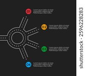 roundabout with 4 exits, round crossroad vector infograpjic, white chart on black background