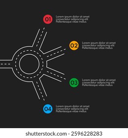 roundabout with 4 exits, round crossroad vector infograpjic, white chart on black background