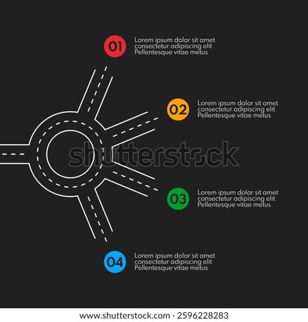 roundabout with 4 exits, round crossroad vector infograpjic, white chart on black background