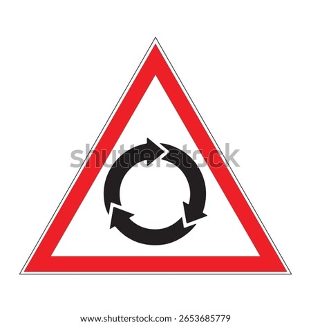 roundabout ahead warning red triangle traffic sign vector in european style. classic road safety symbol for streets and highways. perfect for print, web, maps, and infographic designs.