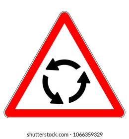 Roundabout crossroad ahead, red triangle warning sign with roundabout symbol, vector illustration.