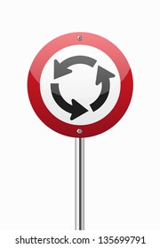 Roundabout crossroad red traffic sign isolated on white background