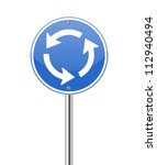Roundabout crossroad road traffic sign on white