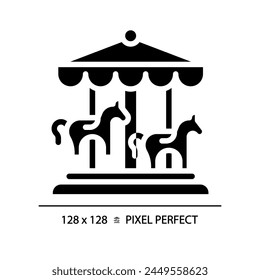 Roundabout horse carousel pixel perfect black glyph icon. Merry go round, circular platform. Ride amusement. Silhouette symbol on white space. Solid pictogram. Vector isolated illustration