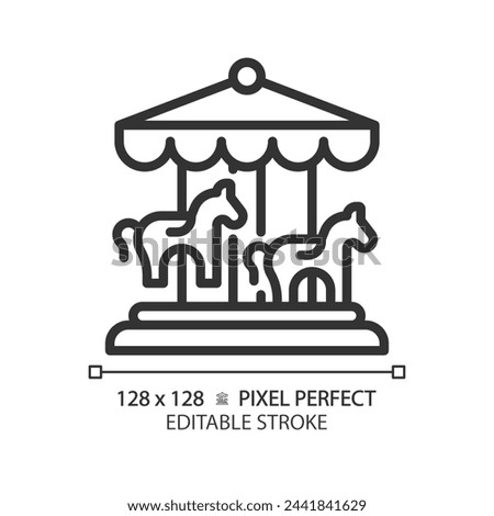 Roundabout horse carousel pixel perfect linear icon. Merry go round, circular platform. Ride amusement. Thin line illustration. Contour symbol. Vector outline drawing. Editable stroke
