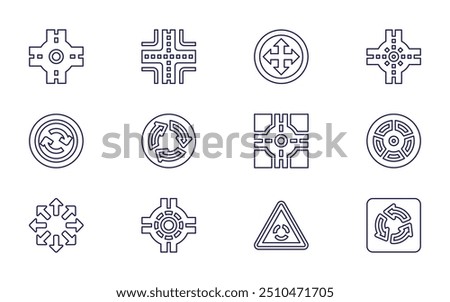 Roundabout icon set. Line style. Editable stroke. roundabout, crossroad, four arrows, road.
