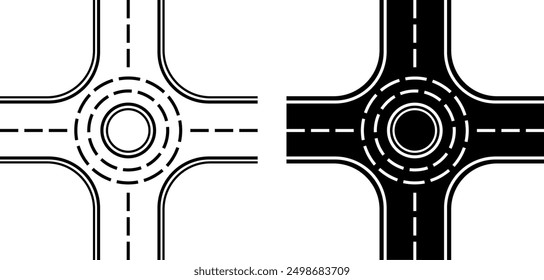 Iconos de la glorieta. Iconos de vector blanco y negro. Camino De Un Solo Sentido. Intersección de la glorieta. Concepto de carretera