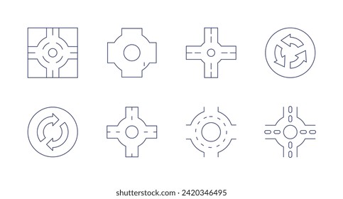 Roundabout icons. Editable stroke. Containing crossroad, roundabout, car.