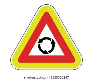 Roundabout Intersection Warning Sign Featuring Red Triangle and Black Circular Arrows Icon, Indicating a Roundabout Ahead, Available as a Vector File