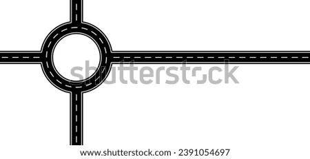 Roundabout, intersection. Winding road. Curved road with white markings. Asphalt roadway with turns. Curve way or asphalt highway or city street. Winding route, rotunda. traffic circle, congestion.