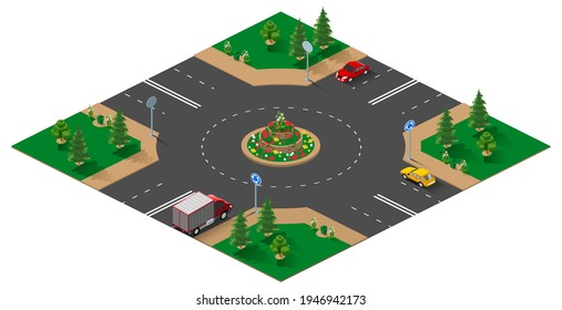 Roundabout isometric 3d illustration isolated on white. Vector cartoon