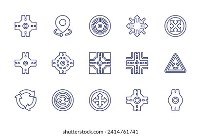 Roundabout line icon set. Editable stroke. Vector illustration. Containing roundabout, four arrows, turn around, road, all directions.