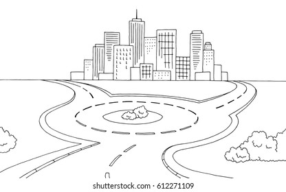 Roundabout Road Graphic Black White Landscape Sketch Illustration Vector