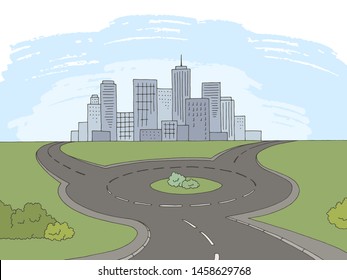 Roundabout Road Graphic Color Landscape Sketch Illustration Vector