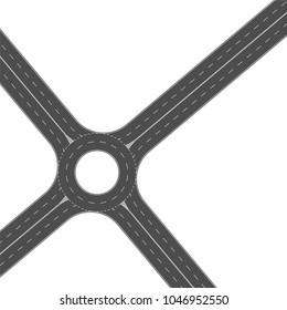 Roundabout road junction. Empty asphalt crossroad with marking. Vector